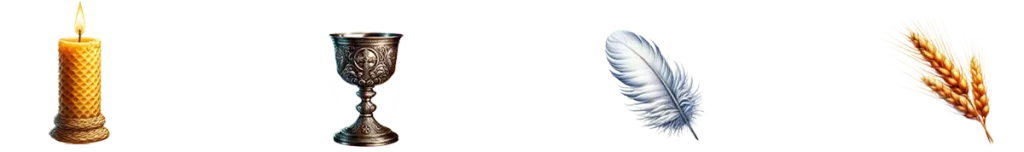 Candles, Chalices, Feathers, and Grains representing Fire, Water, Air, and Earth